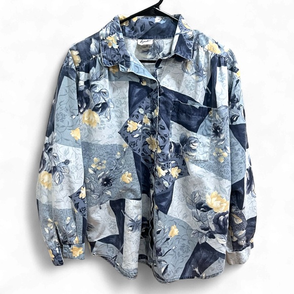 Unique Vintage Tops - Vintage Floral Patchwork Women’s Collage Floral Chambray Button Down